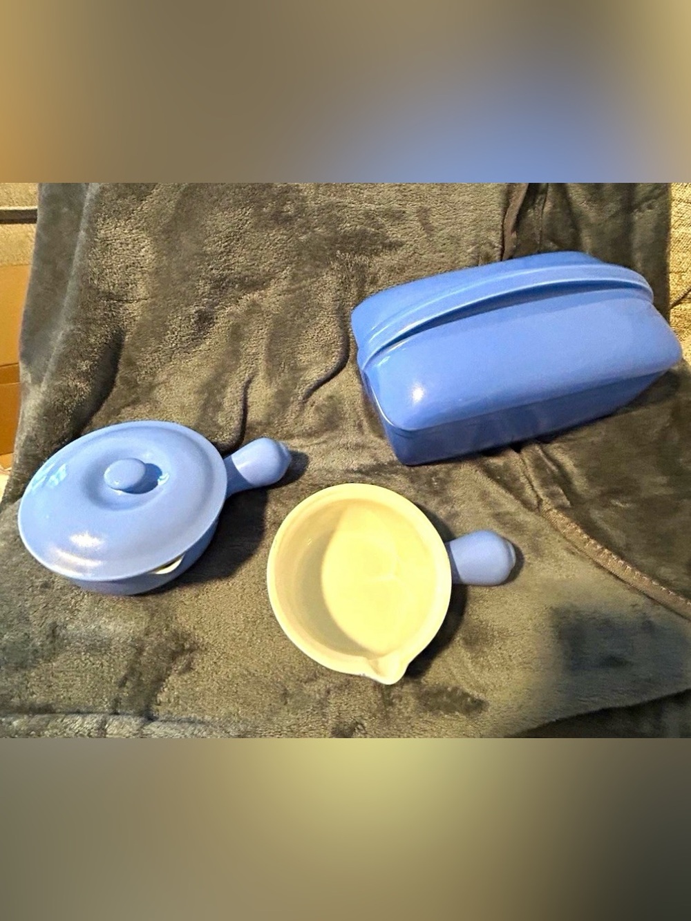 VTG Hall Westinghouse Blue/White Ceramic Loaf Pan w/Lid; 2 soup bowls, one w/lid
